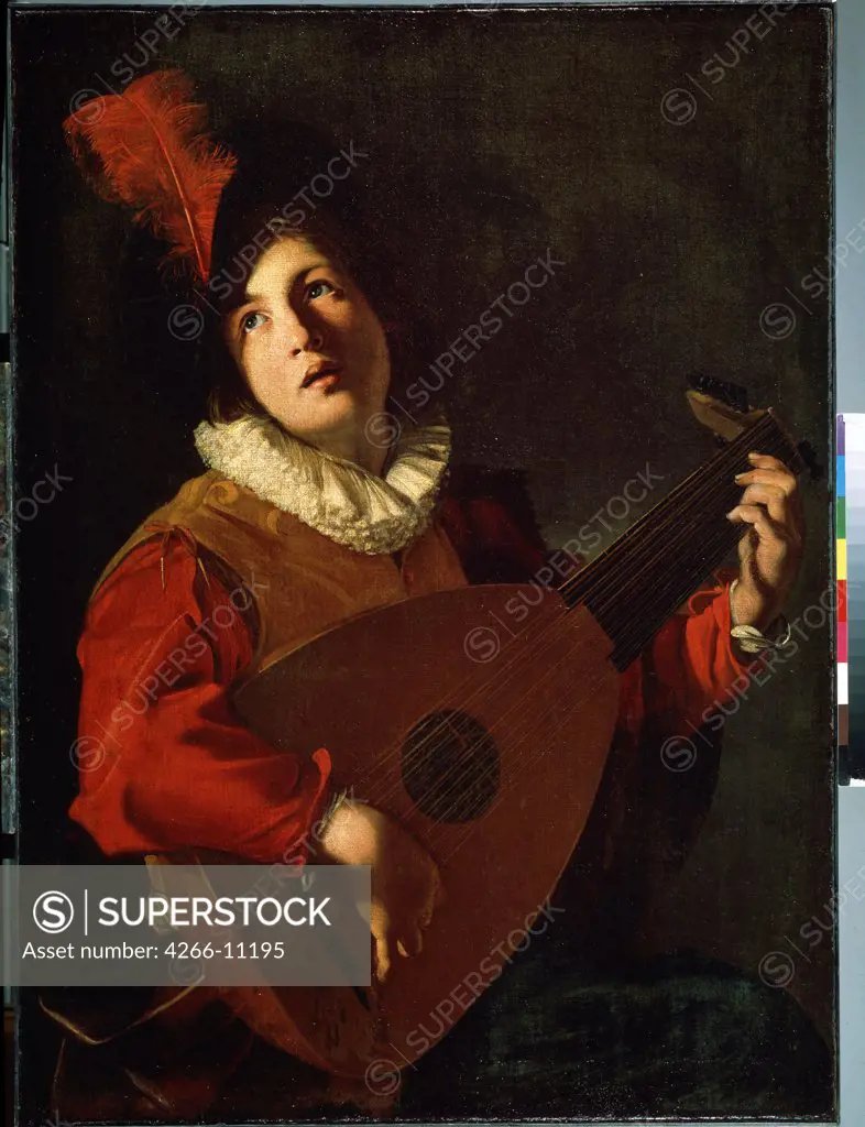 Lute player by Bartolomeo Manfredi, Oil on canvas, circa 1610, 1587-1622, Russia, St. Petersburg, State Hermitage, 105x77
