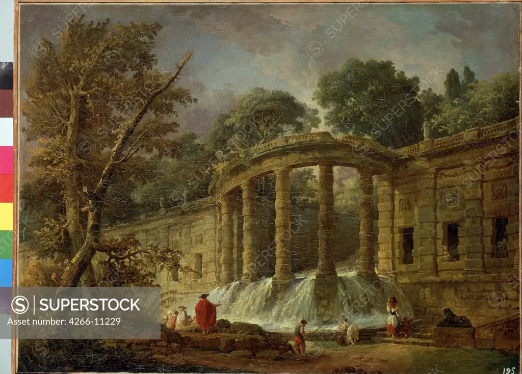 Waterfall by Hubert Robert, Oil on canvas, 1760, 1733-1808, Russia, St. Petersburg, State Hermitage, 52x69