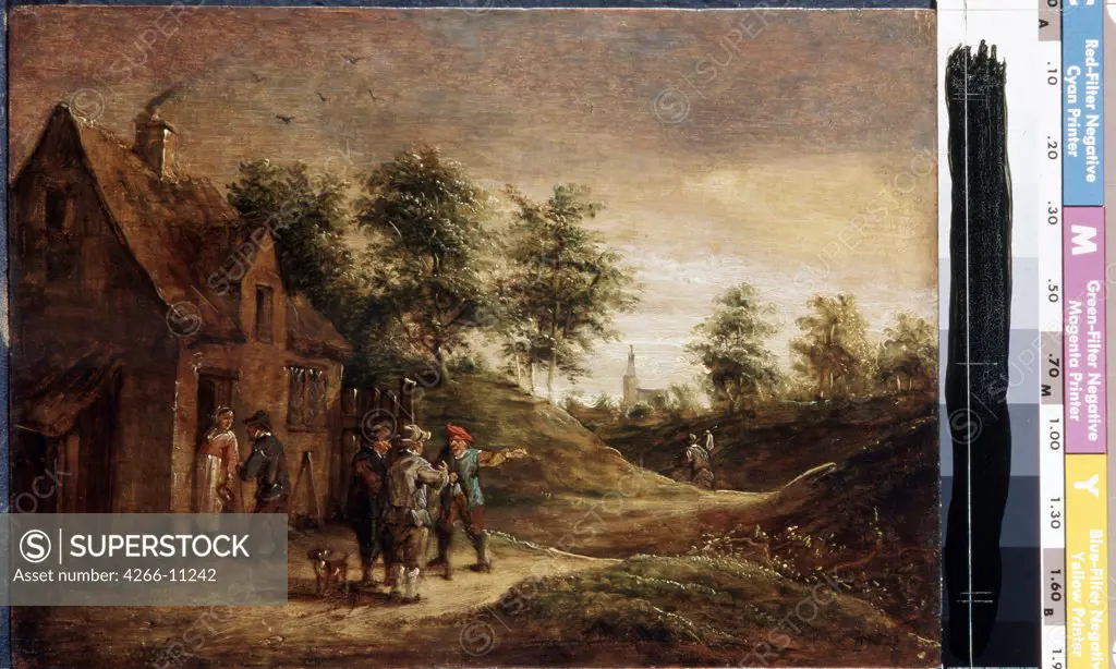 Village scene by David Teniers Younger, oil on wood , 1610-1690, 17th century, Russia, St Petersburg, State Hermitage, 15, 7x22