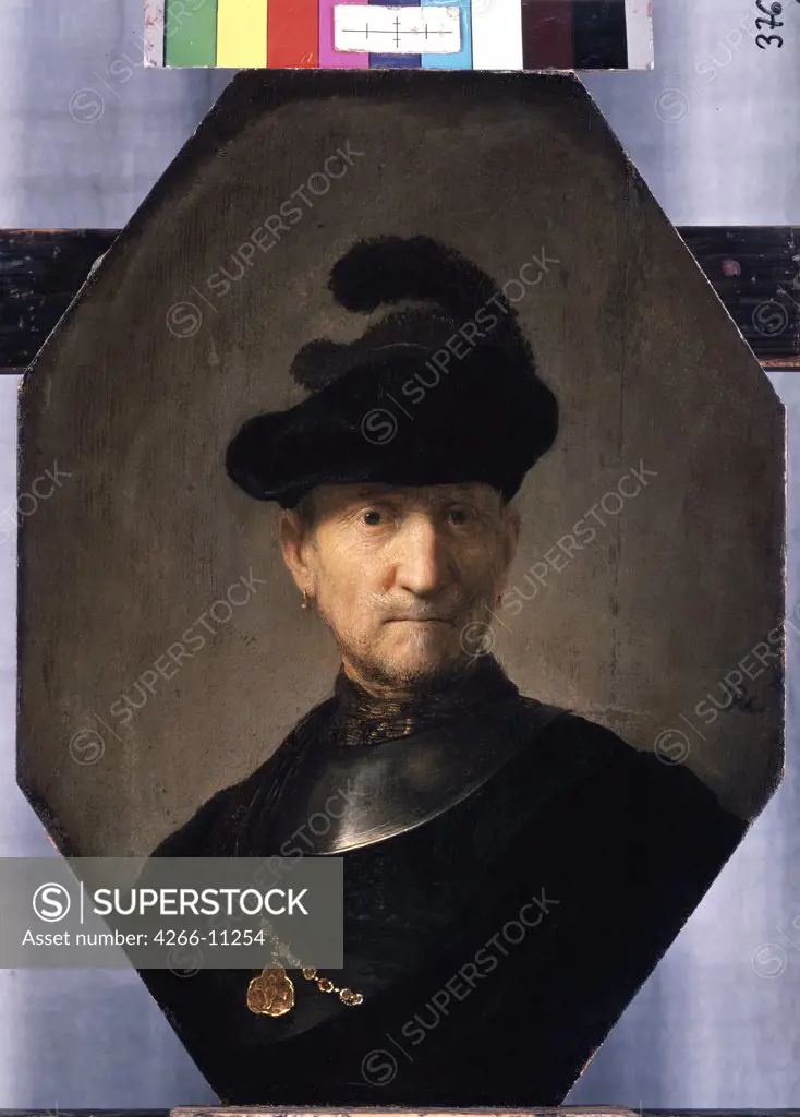 Portrait of man in black hat by Rembrandt van Rhijn, oil on wood, circa 1629-1630, 1606-1669, Russia, St Petersburg, State Hermitage, 36x26
