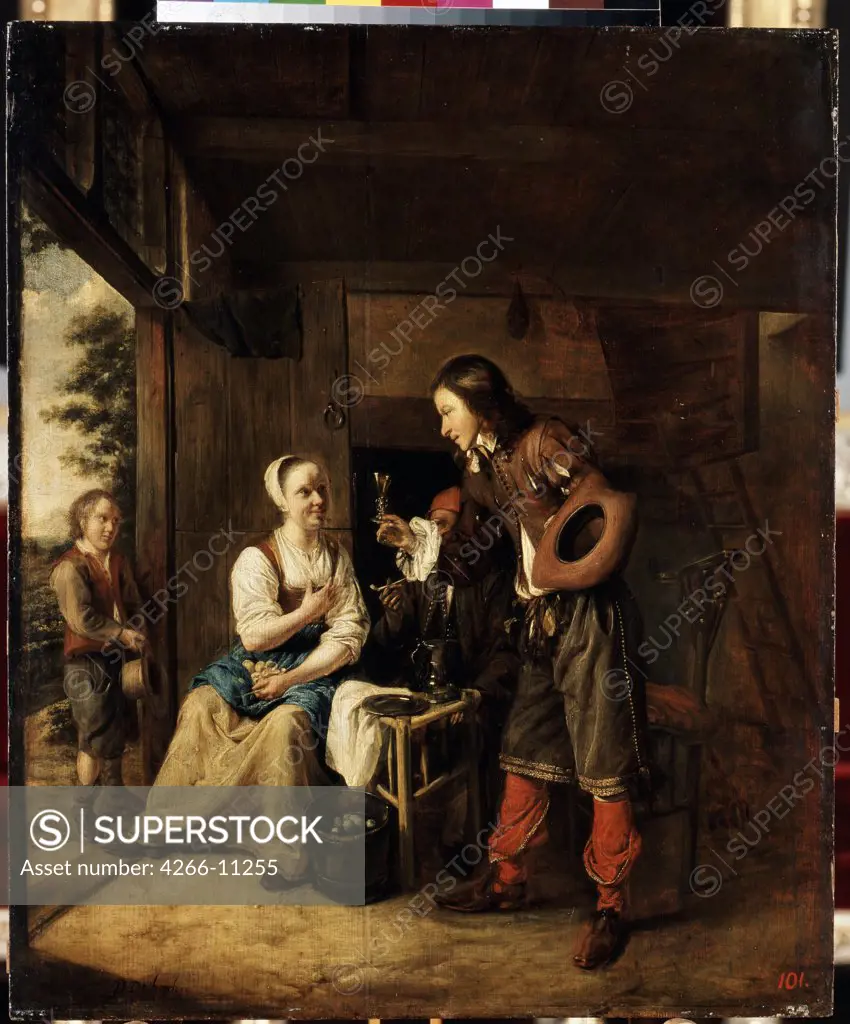 Scene in cottage by Pieter de Hooch, oil on wood, 1653, 1629-1684, Russia, St Petersburg, State Hermitage, 53x42