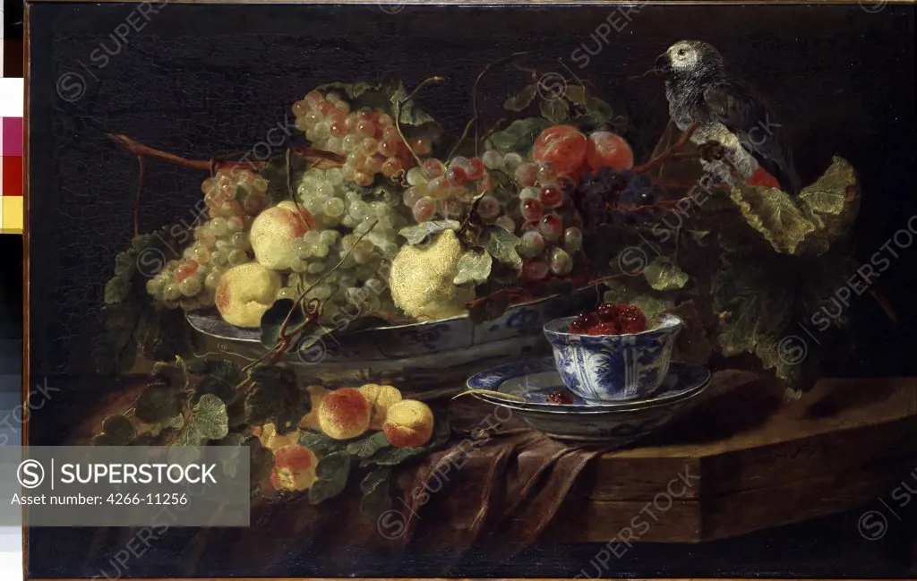 Still life with grapes and peaches by Jan (Johannes) Fyt, oil on canvas, 1645, 1611-1661, Russia, St Petersburg, State Hermitage, 58, 3x90, 7