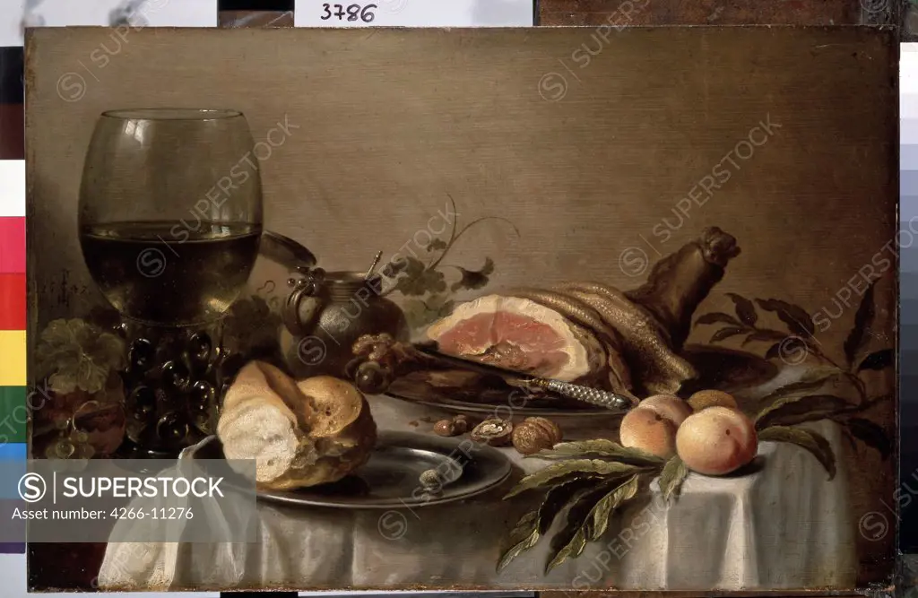 Still life with ham and beer glass by Pieter Claesz, oil on wood, 1647 , circa 1597-1660, Russia, St Petersburg, State Hermitage, 40x61