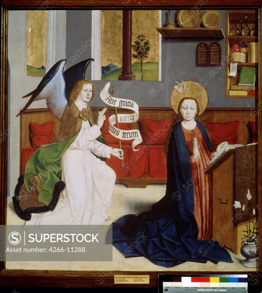 Annunciation to Blessed Virgin Mary by unknown painter, tempera on panel, circa 1470-1480, Russia, Moscow, State Pushkin Museum of Fine Arts, 112x109