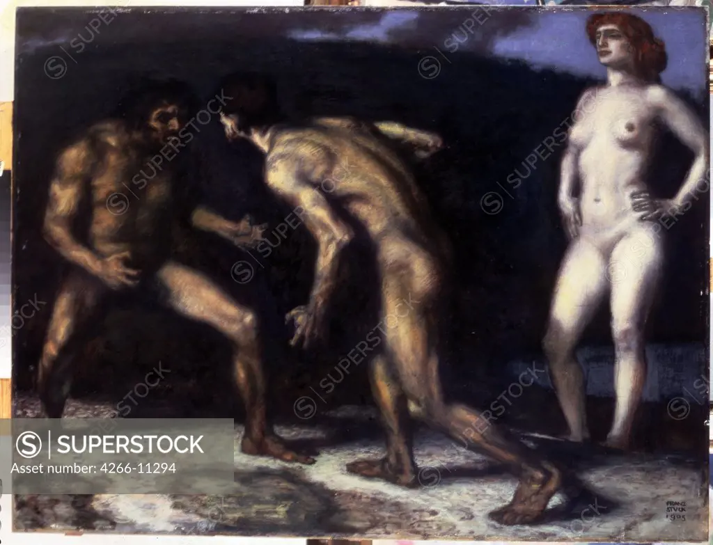 Two men fighting in front of woman by Franz Ritter von Stuck, oil on wood , 1905, 1863-1928, Russia, St. Petersburg , State Hermitage, 90x117