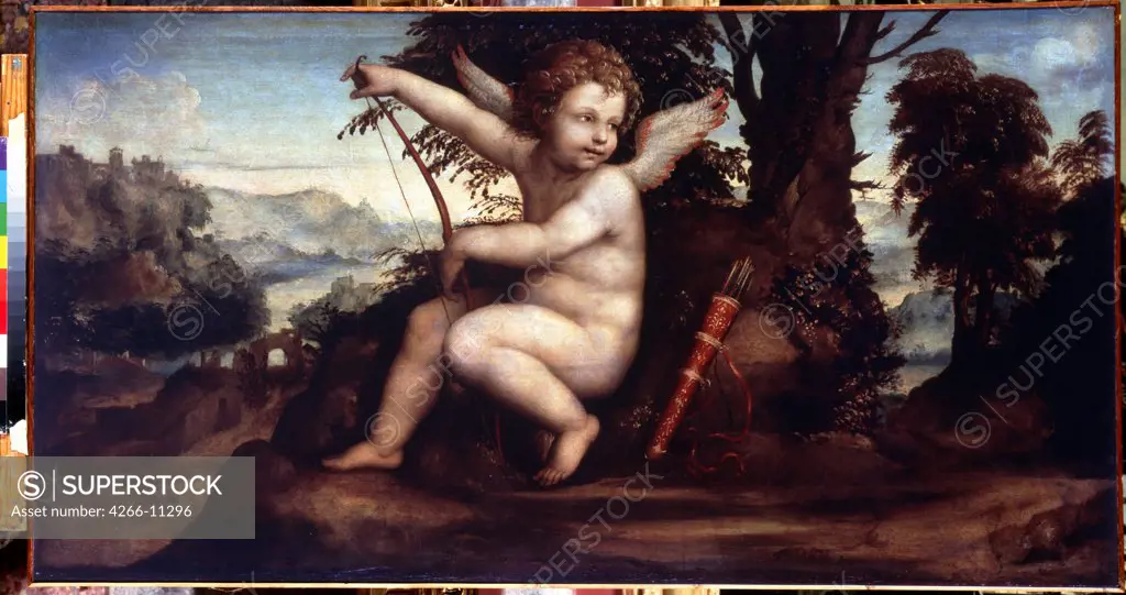 Putto holding bow by Sodoma , oil on canvas, circa 1510, 1477-1549, Russia, St. Petersburg , State Hermitage, 68x129