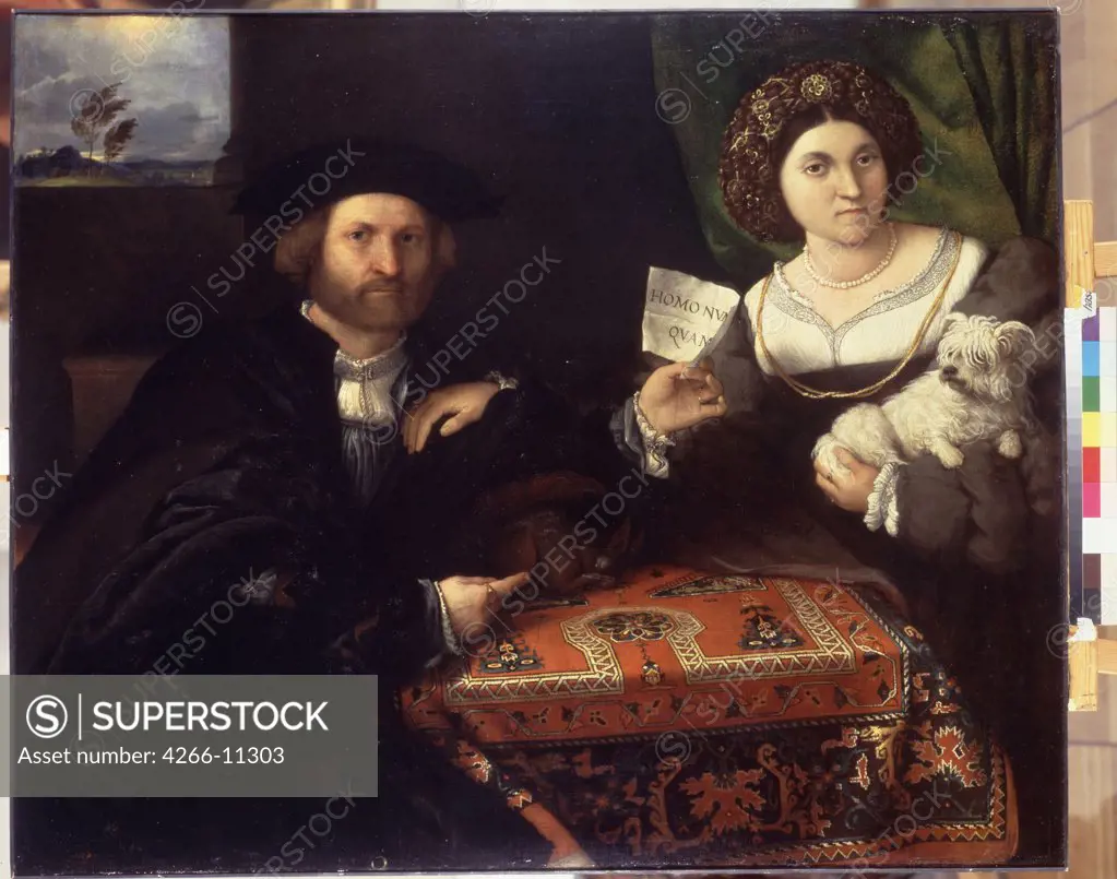 Man and woman sitting at table by Lorenzo Lotto, oil on canvas, circa 1523, 1480-1556, Russia, St. Petersburg , State Hermitage, 96x116