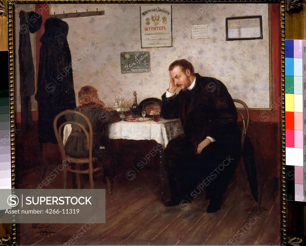 Man and boy sitting in restaurant by Mikhail Petrovich, Baron Klodt, oil on canvas , 1897, 1835-1914, Russia, Moscow, State Tretyakov Gallery, 55, 5x60, 8