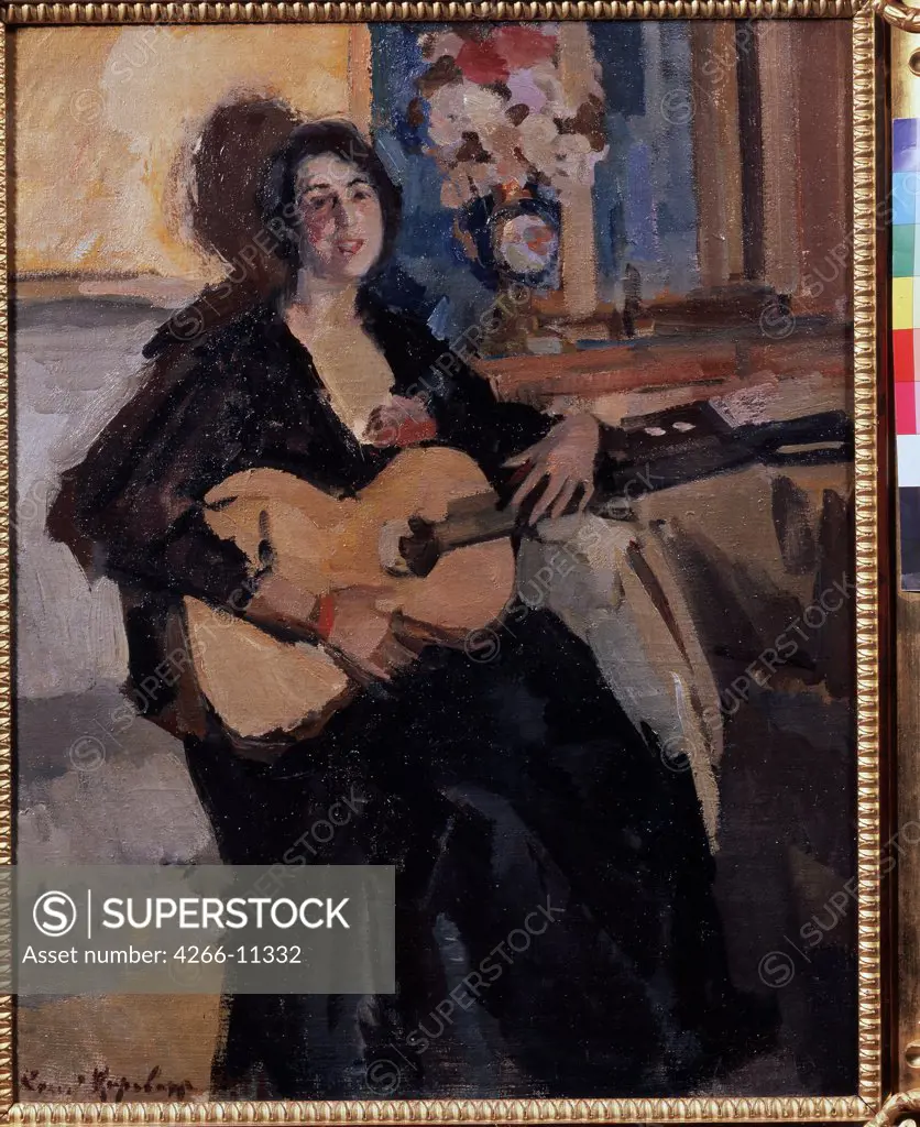 Portrait of young woman with guitar by Konstantin Alexeyevich Korovin, oil on canvas, 1911, 1861-1939, Russia, Kostroma, State United Art Museum, 87, 2x67