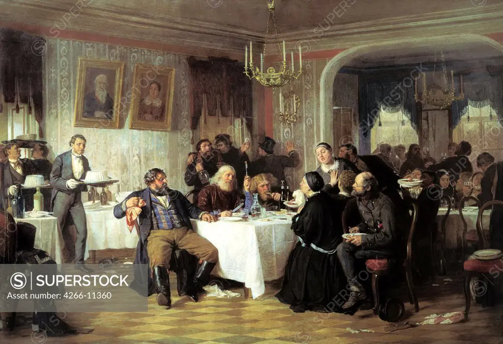 At table by Firs Sergeevich Zhuravlev, oil on canvas, 1870s, 1836-1901, Russia, Moscow , State Tretyakov Gallery, 98x142