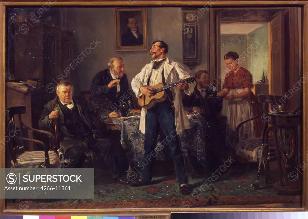 Playing guitar by Vladimir Yegorovich Makovsky, oil on canvas, 1878, 1846-1920, Russia, Moscow, State Tretyakov Gallery, 57x78