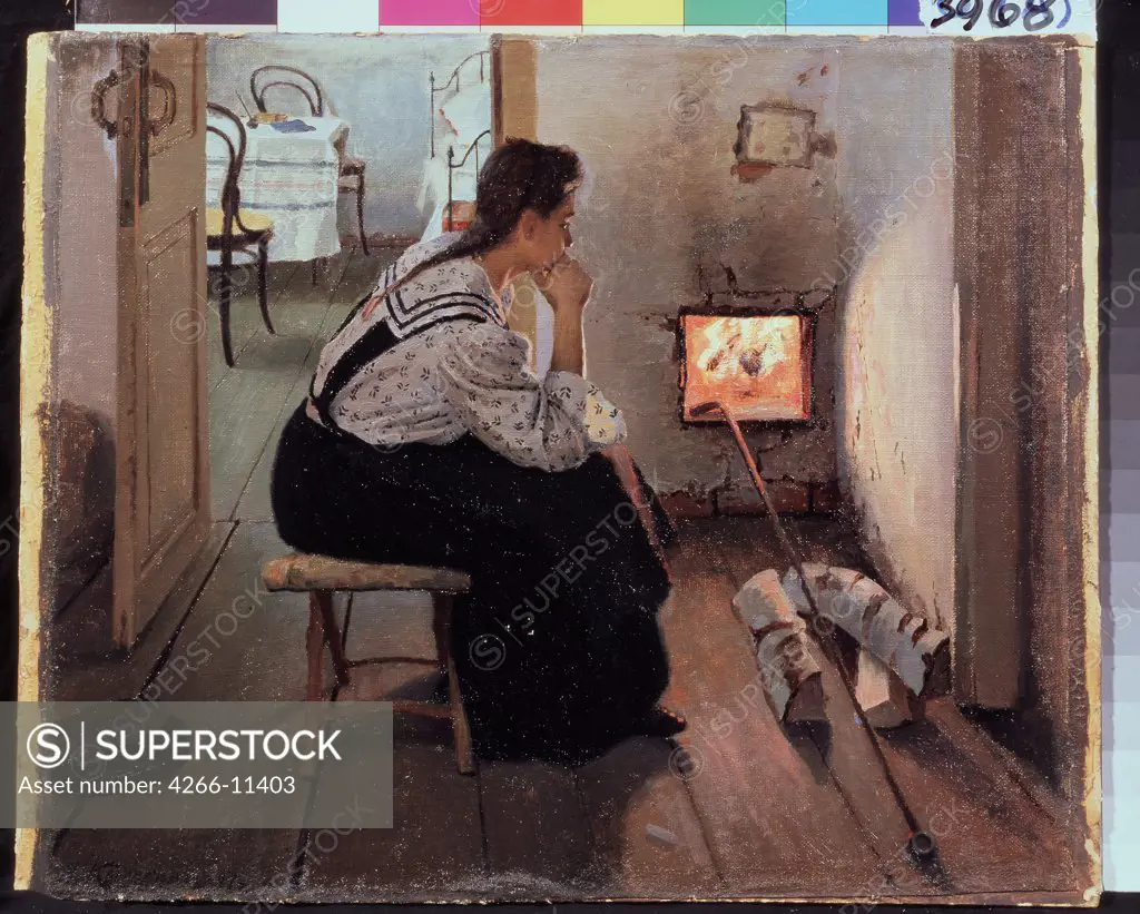 Woman sitting by fireplace by Jakov Jakovlevich Kalinichenko, oil on canvas, 1897, 1869-1938, Russia, Ryasan, State Regional I. Pozhalostin Art Museum, 36x44