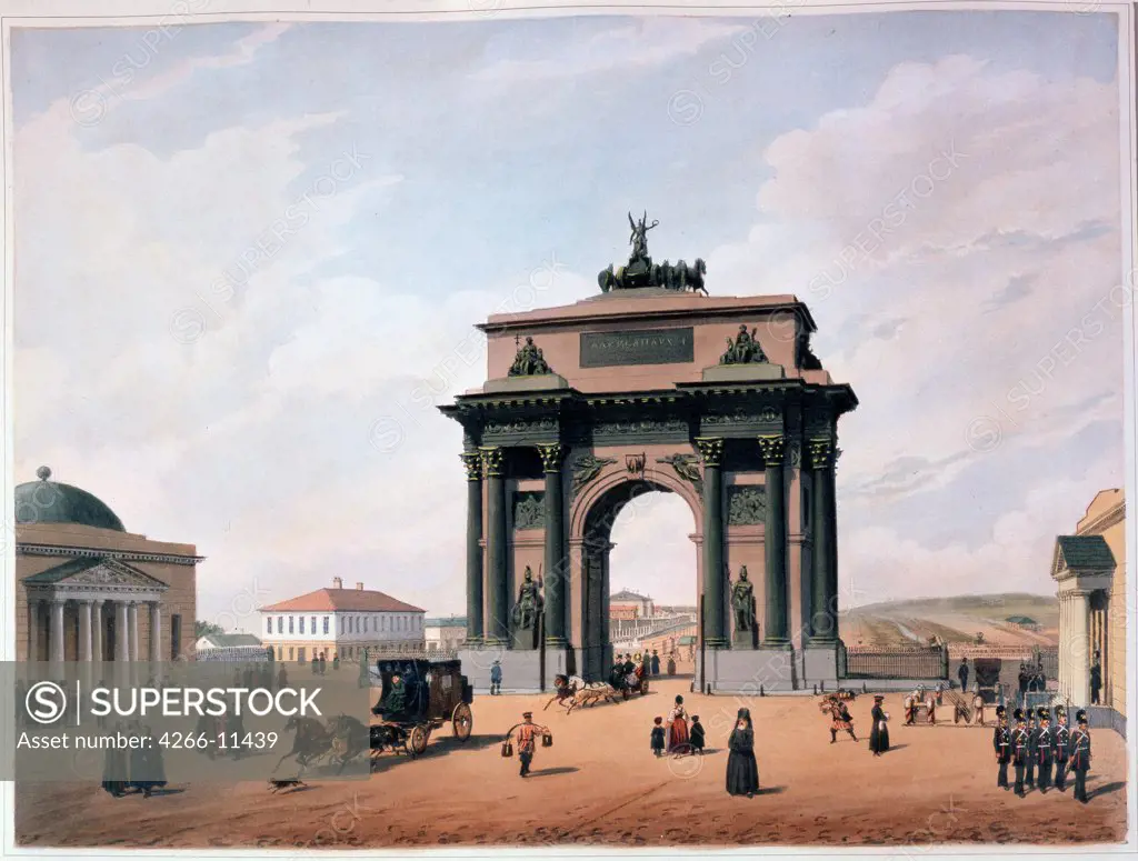 Triumphal arch by Philippe Benoist, Lithograph, watercolor, 1840s, 1813-after 1879, A. Pushkin Memorial Museum, St. Petersburg,