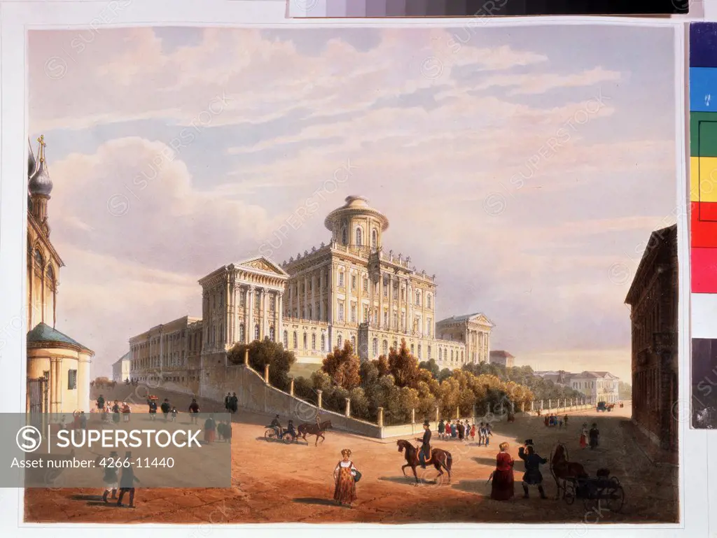 Pashkov House by Louis-Pierre-Alphonse Bichebois, Lithograph, watercolor, 1830s, 1801-1850, A. Pushkin Memorial Museum, St. Petersburg,