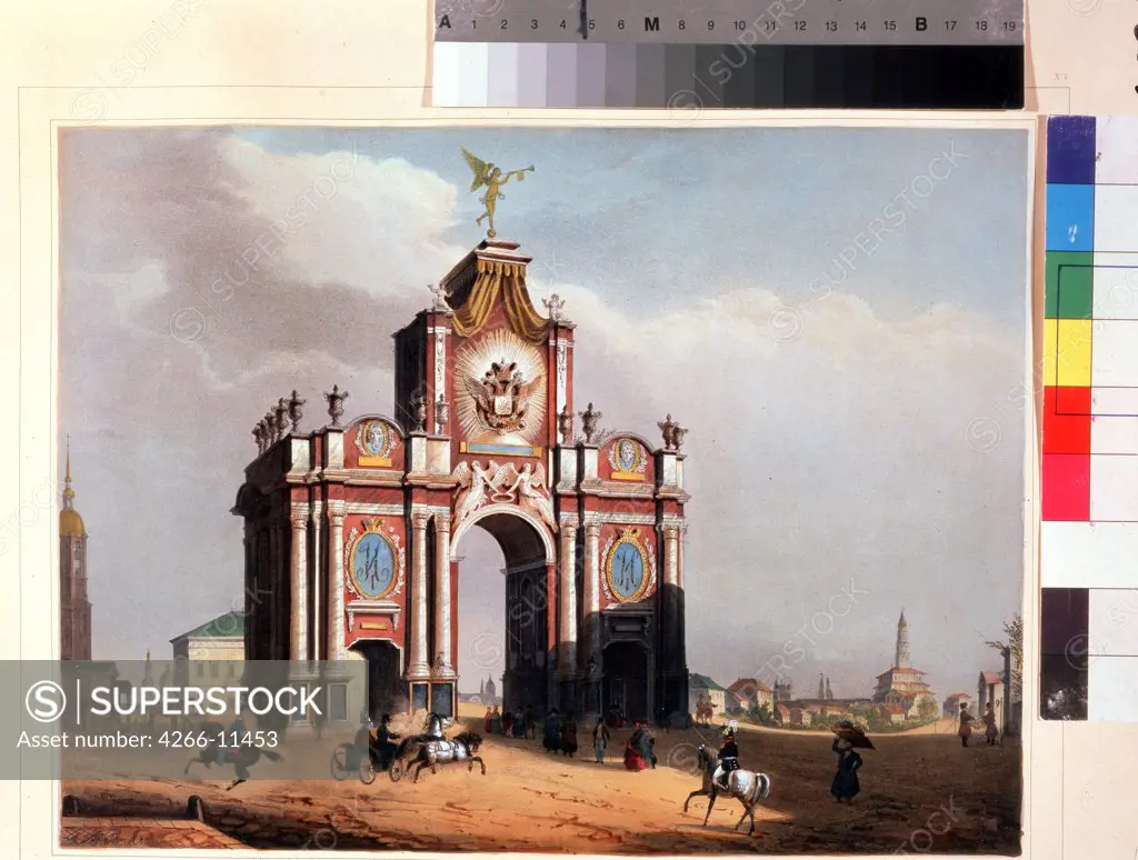 Red Gate by Louis Jules Arnout, Lithograph, watercolor, 1830s, 1814-1868, Russia, St. Petersburg, A. Pushkin Memorial Museum,