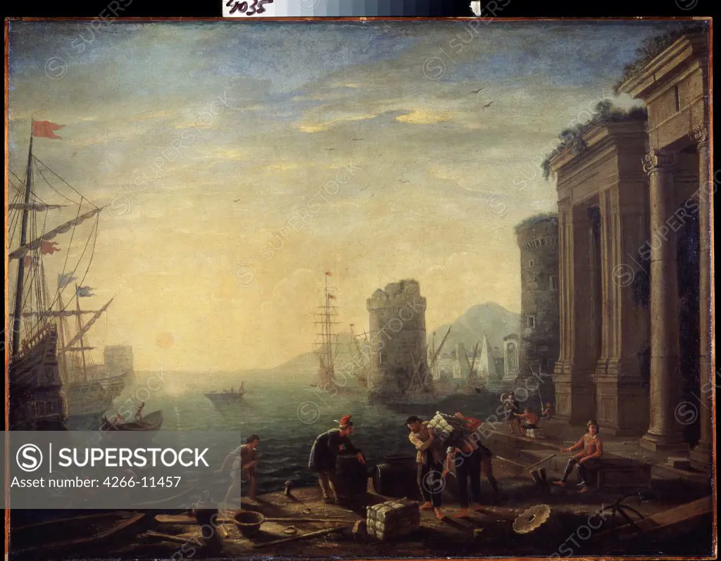 At port by Claude Lorrain, Oil on canvas, 1630s, 1600-1682, Russia, St. Petersburg, State Hermitage, 74x97