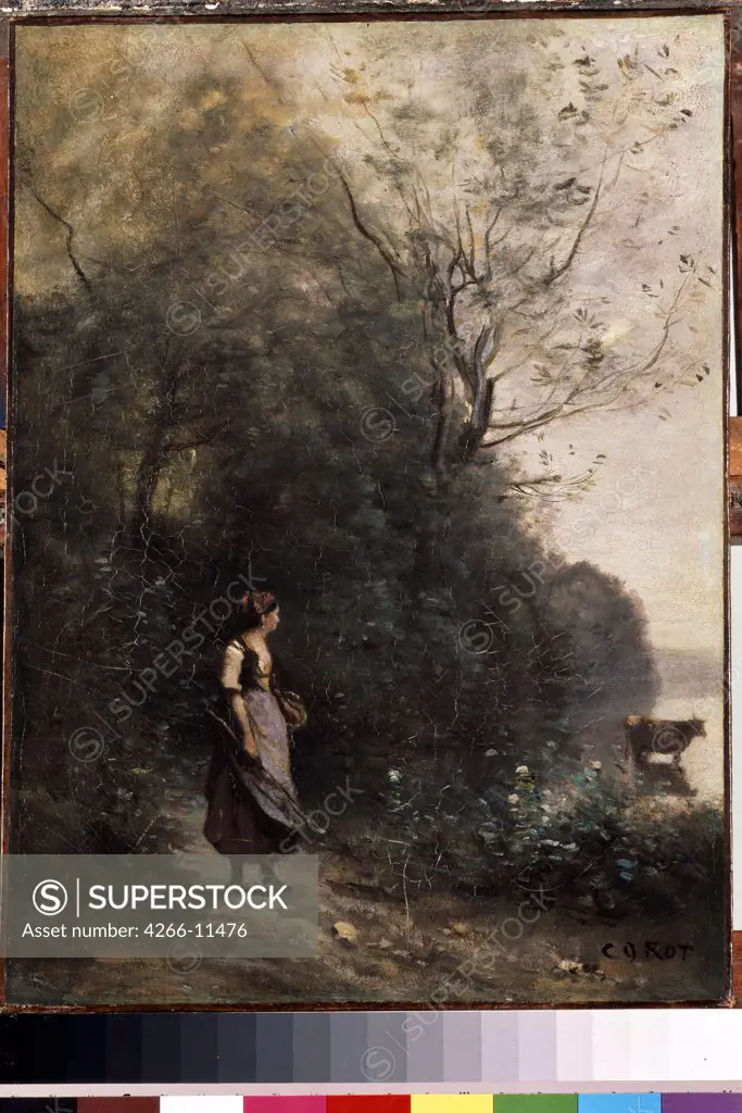 Rural scene with woman and cow by Jean-Baptiste Camille Corot, oil on canvas, 1865-1870, 1796-1875, School of Barbizon, Russia, St Petersburg, State Hermitage, 47, 5x35