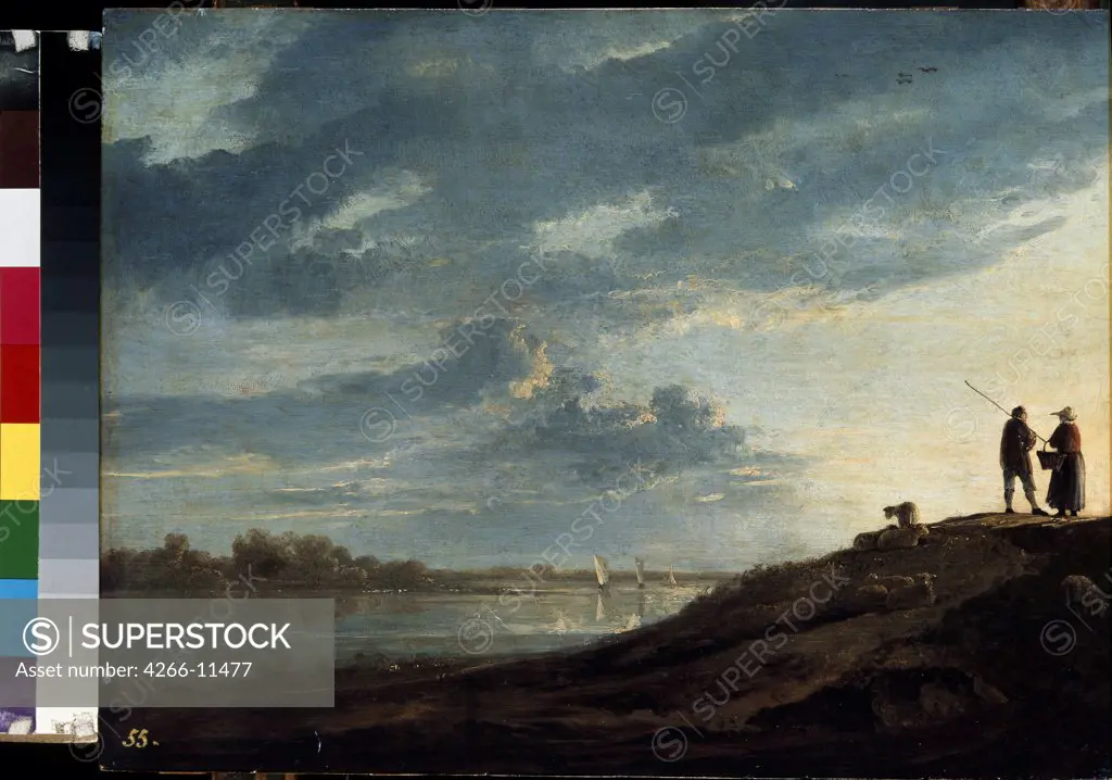 Landscape with lake and clouds by Albert Cuyp, oil on wood, 1650s, 1620-1691, Russia, St Petersburg, State Hermitage, 38, 5x53