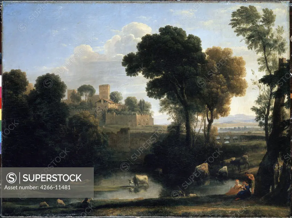 Landscape with castle by Claude Lorrain, oil on canvas, 1648, 1600-1682, Russia, St Petersburg, State Hermitage, 75x100