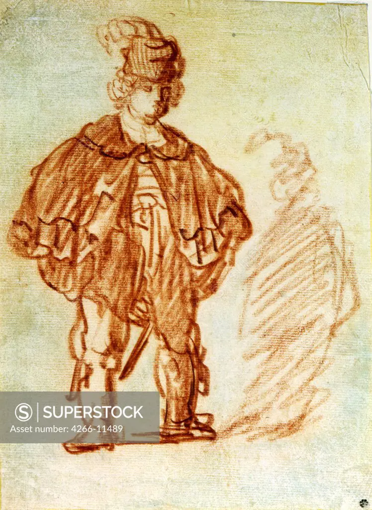 Stage costume by Rembrandt van Rhijn, sanguine on paper, 1630s, 1606-1669, Russia, St Petersburg, State Hermitage, 24, 5x17, 5