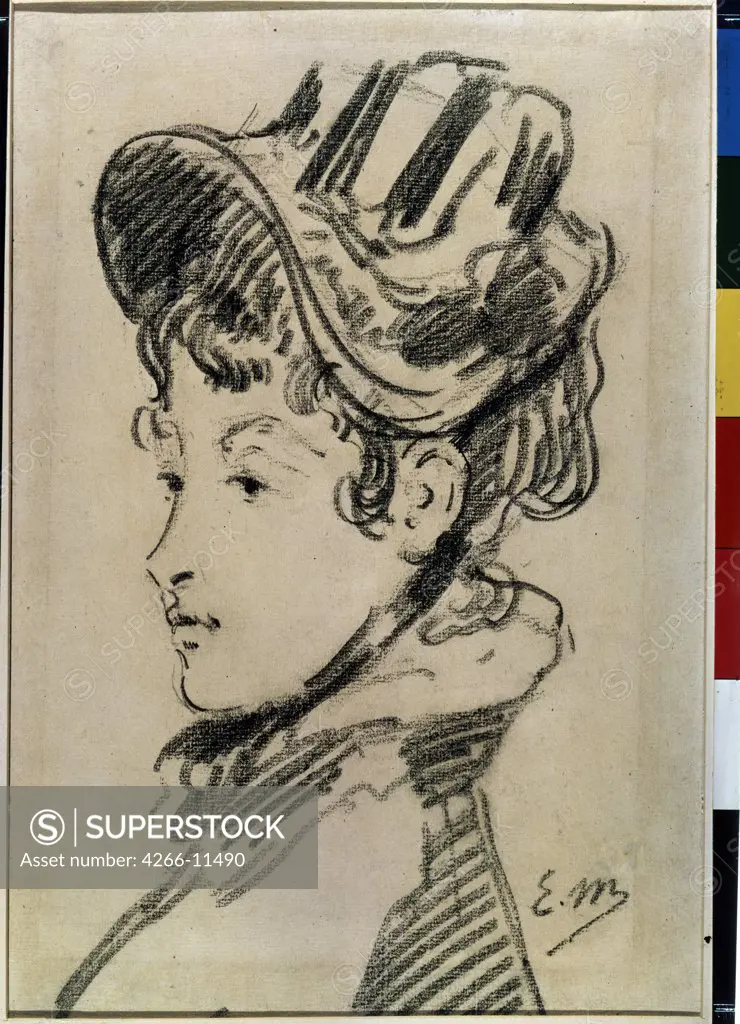 Portrait of woman in hat by Edouard Manet, black chalk on paper, circa 1880, 1832-1883, Russia, St Petersburg, State Hermitage, 31, 3x22