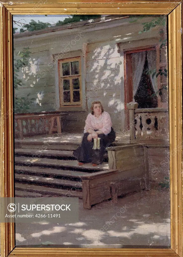 Woman sitting on porch by Jakov Jakovlevich Kalinichenko, oil on canvas, 1900, 1869-1938, Russia, Ryasan State Regional Pozhalostin Art Museum, 41x26, 5