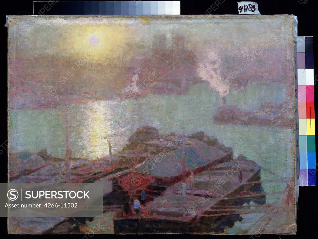 Sunrise over harbor by Nikolai Vasilyevich Dosekin, oil on canvas, 1900, 1863-1935, Russia, Ryasan, State Regional Pozhalostin Art Museum, 48, 2x63, 7