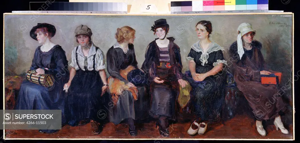Fashionable ladies by Nikolai Alexeyevich Kasatkin, oil on canvas, 1913-1924, 1859-1930, Russia, Ryasan, State Regional Pozhalostin Art Museum, 45x105
