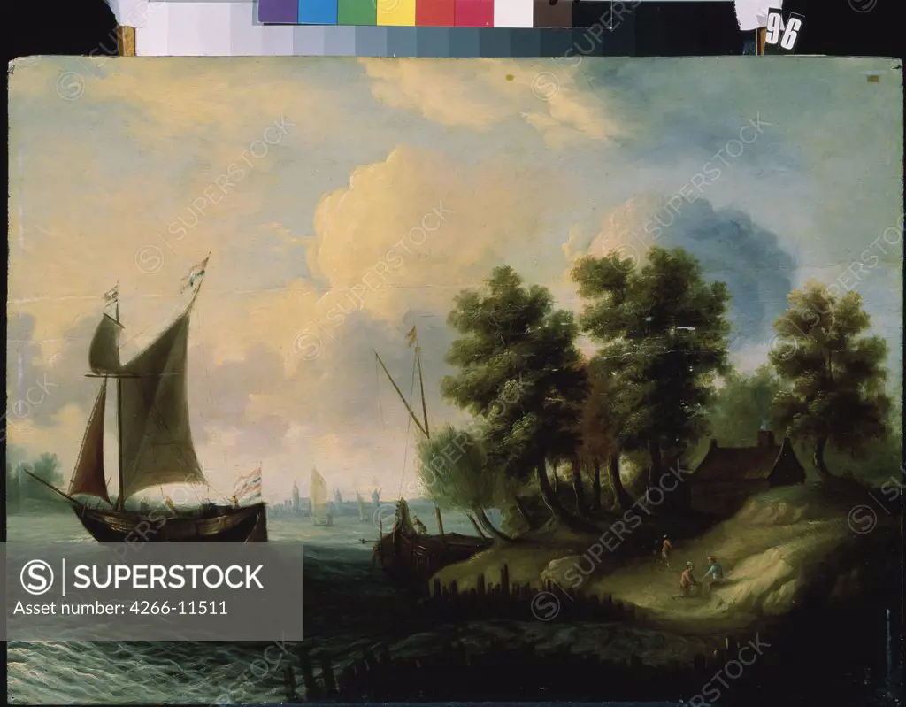 Landscape with sea and ship by unknown painter, oil on canvas, 17th century, Ukraine, Sevastopol, Kroshitsky Art Museum