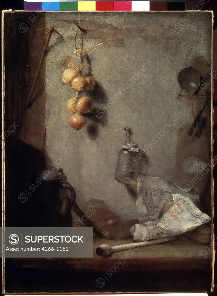 Still life with onion by Christopher Paudiss, Oil on canvas, 1660, 1630-1666, Russia, St. Petersburg, State Hermitage, 62x46, 5
