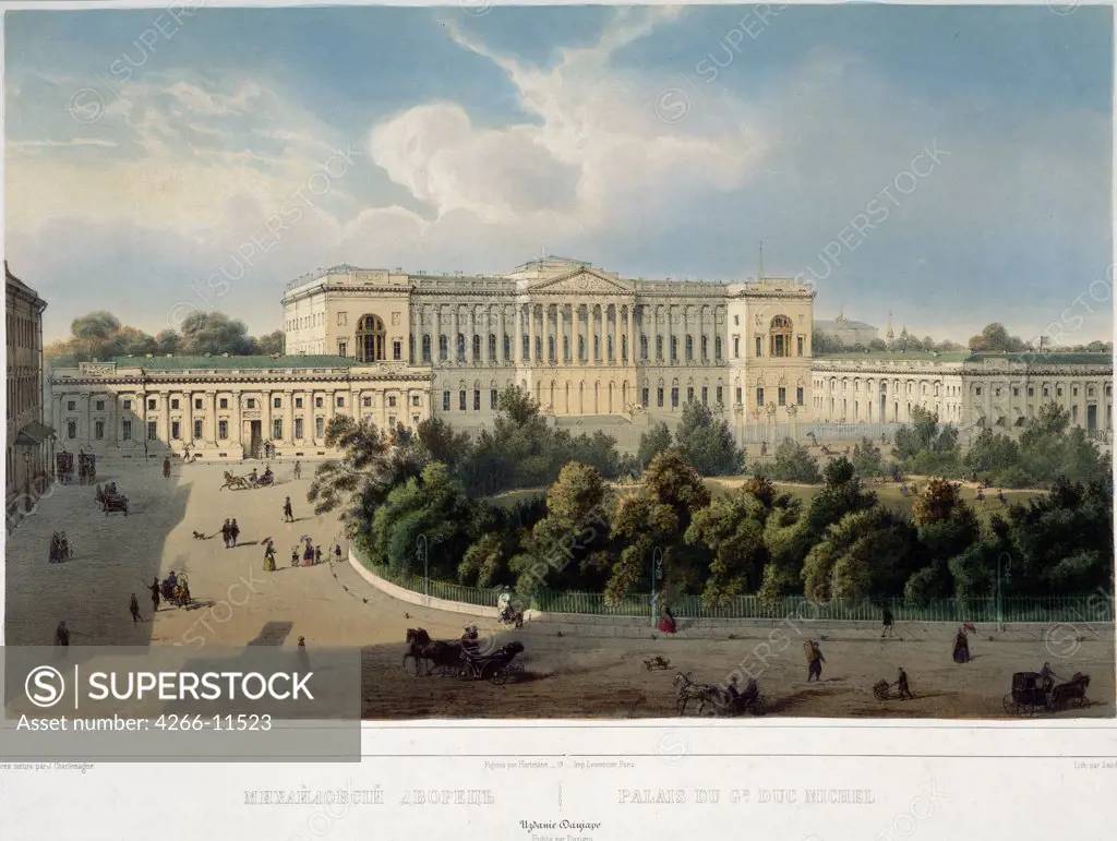 Mikhailovsky Palace by Jules Charlemagne, color lithograph, 1850s, Russia, St Petersburg, Pushkin Memorial Museum, 27x42