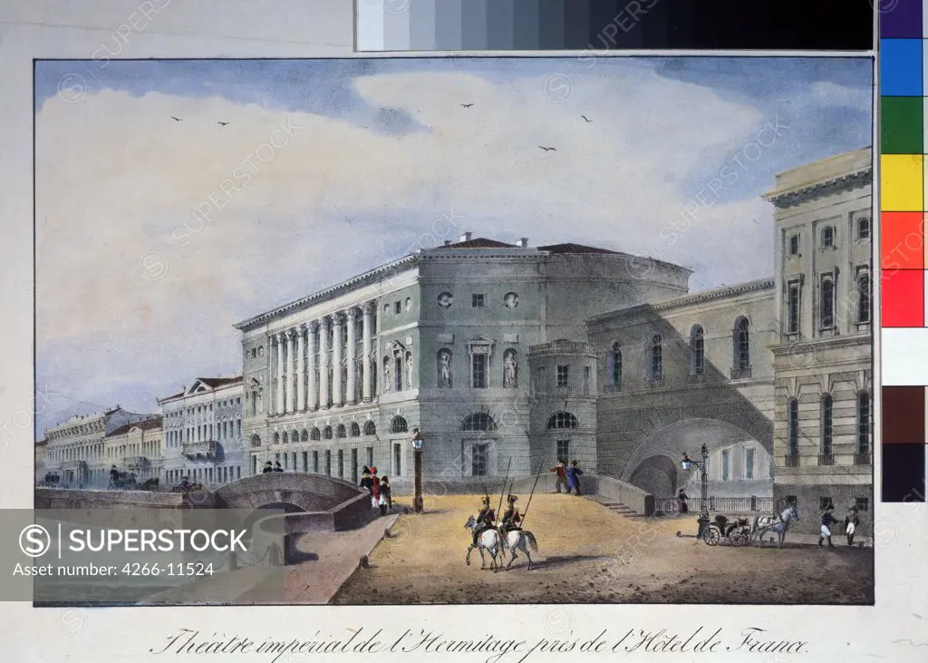 Hermitage Theatre by unknown painter, lithograph, watercolor, 1840s, Russia, St Petersburg, Pushkin Memorial Museum