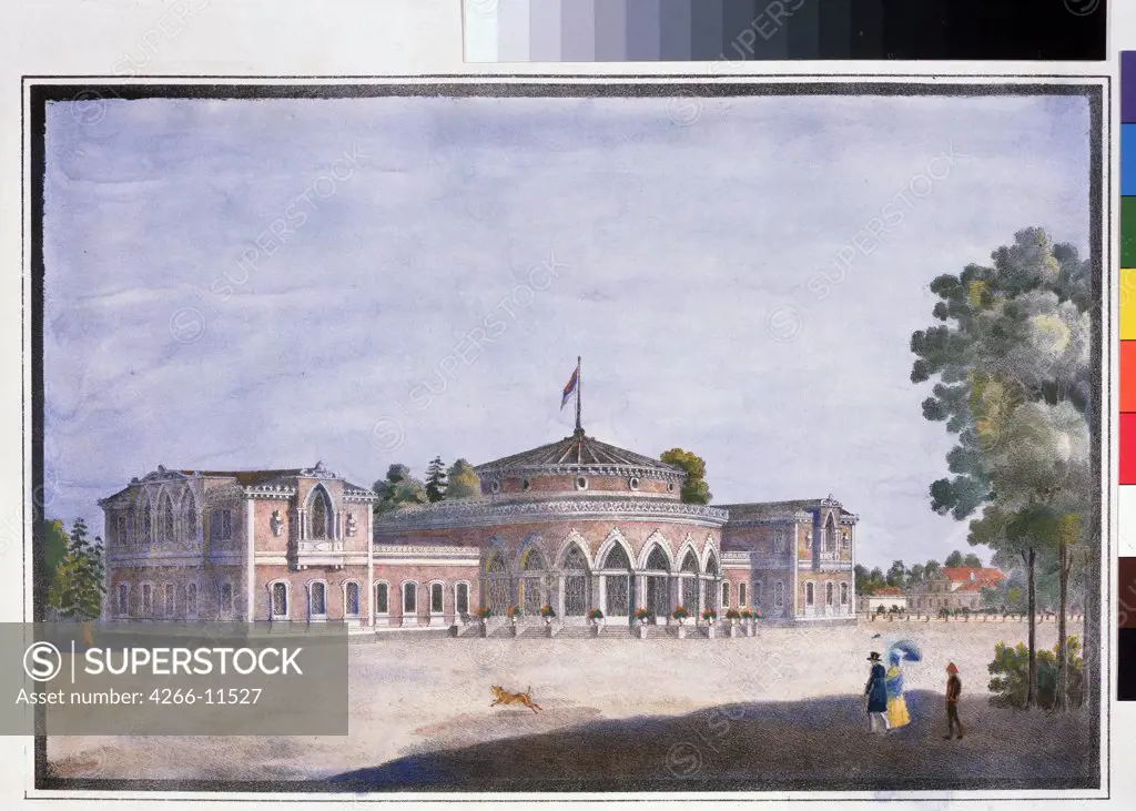 Catherinehof palace by unknown painter, lithograph, watercolor, 1824, Russia, St Petersburg, Pushkin Memorial Museum, 22x33
