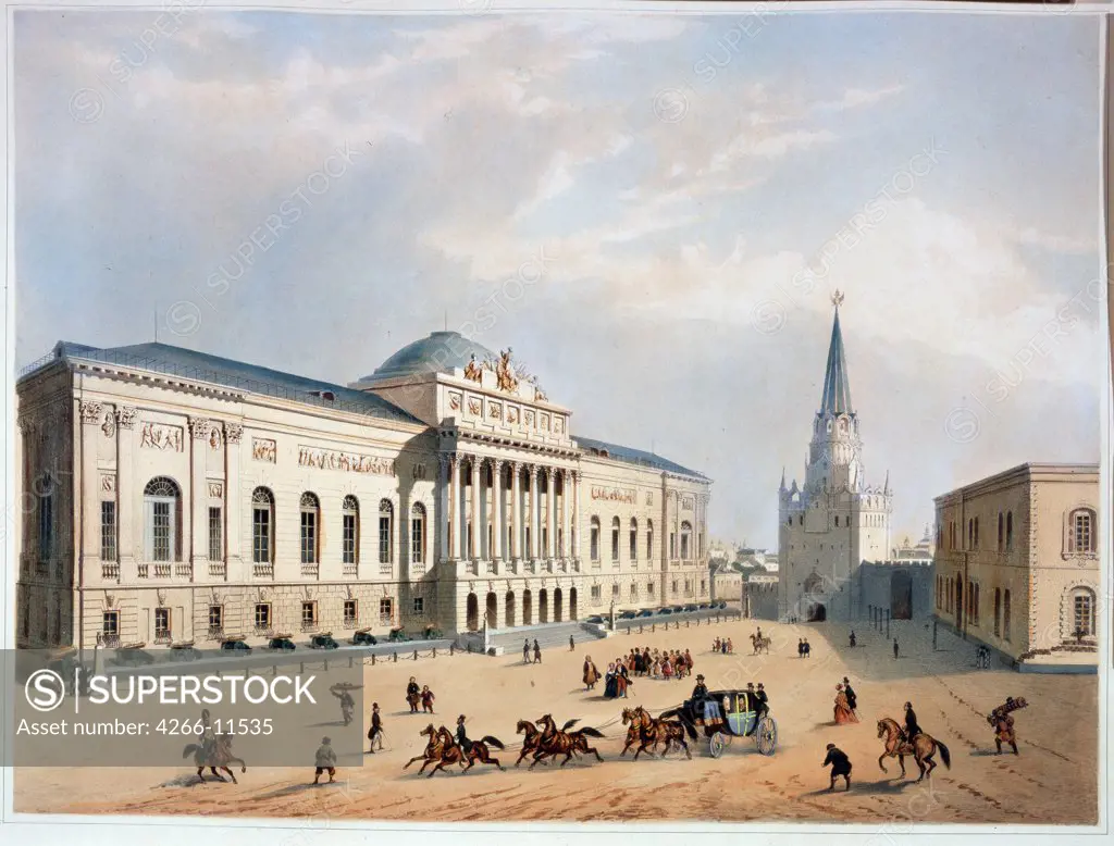View of Kremlin by Paul Gavarni, color lithograph , 1840s, 1804-1866, Russia, St. Petersburg , A. Pushkin Memorial Museum