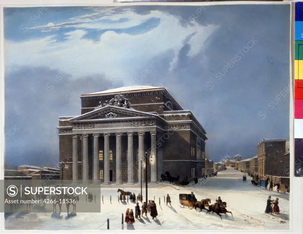 Theatre Bolshoi, Louis Jules Arnout, lithograph, watercolor, 1840s, 1814-1868, Russia, St. Petersburg , A. Pushkin Memorial Museum,
