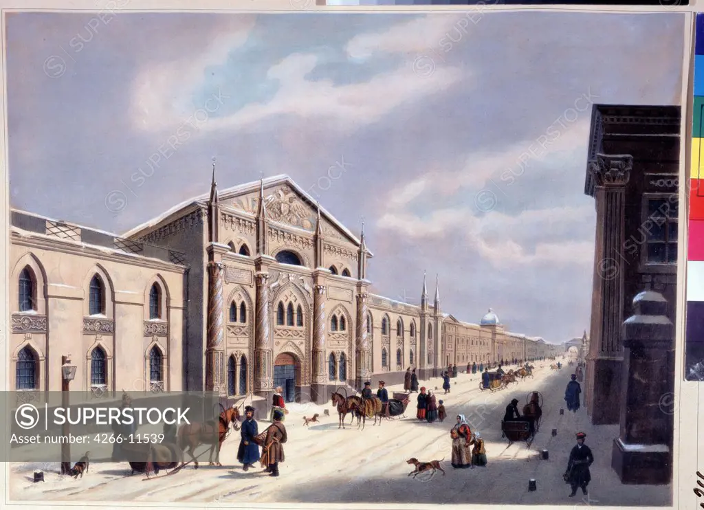 View of street in winter by anonymous painter, lithograph, watercolor, 1840s, Russia, St. Petersburg , A. Pushkin Memorial Museum