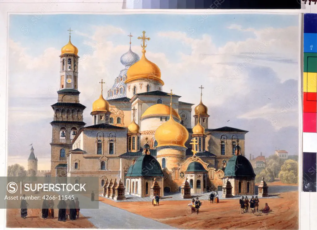 View of orthodox church by Louis-Pierre-Alphonse Bichebois, lithograph, watercolor , 1840s, 1801-1850, Russia, , St. Petersburg, A. Pushkin Memorial Museum,