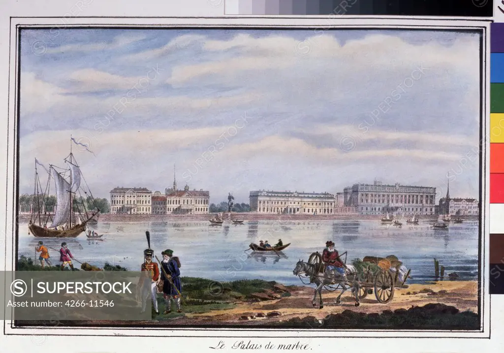 View of riverbank by anonymous painter, lithograph, watercolor, 1822, Russia, St. Petersburg, A. Pushkin Memorial Museum, 22x32
