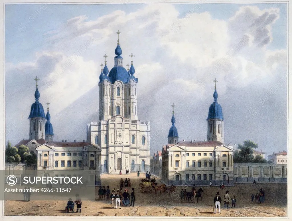 View of Smolny Convent by Edouard Jean Marie Hostein, lithograph, watercolor , 1840s, 1804-1889, Russia, St. Petersburg, A. Pushkin Memorial Museum, 25, 5x37, 6