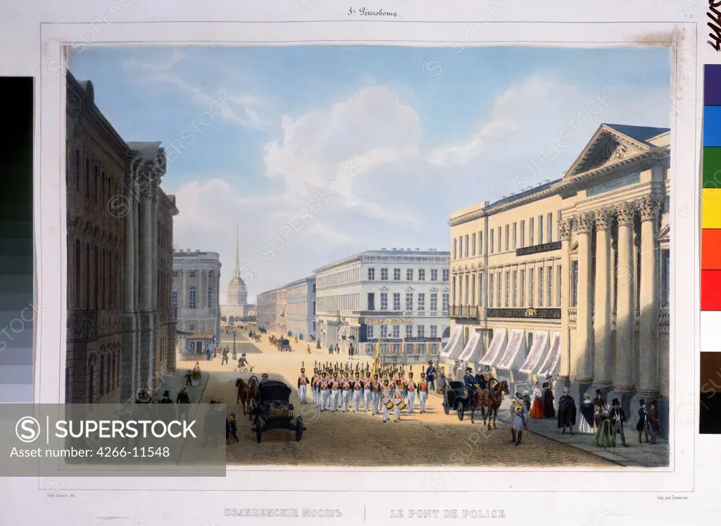 View of Nevsky Prospekt by Louis Jules Arnout, lithograph, watercolor, 1840s, 1814-1868, Russia, St. Petersburg , A. Pushkin Memorial Museum, 25, 5x37