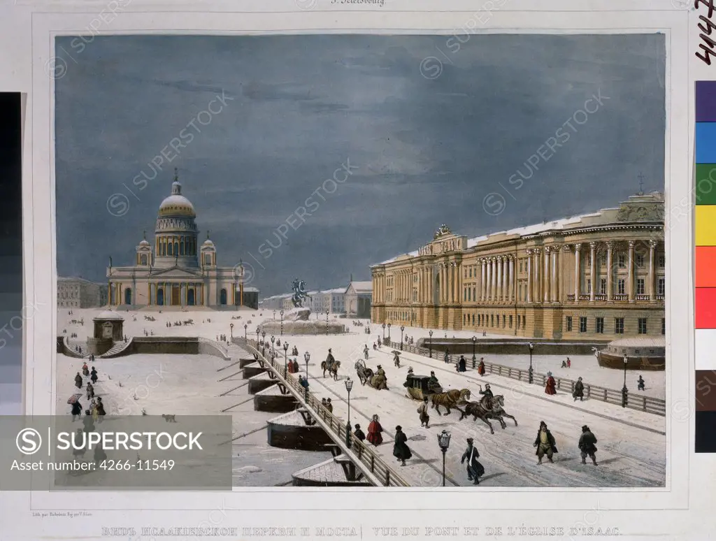 View of Saint Isaac's Cathedral by Louis-Pierre-Alphonse Bichebois, lithograph, watercolor , 1840s, 1801-1850, Russia, St. Petersburg , A. Pushkin Memorial Museum, 25, 5x33, 5