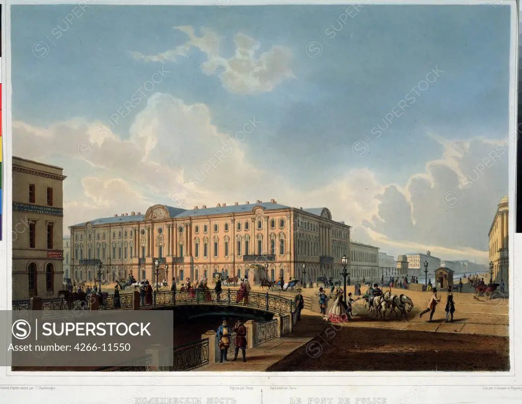 View of Stroganov palace by Louis Julien Jacottet, lithograph, watercolor , 1850s, 1806-, Russia, St. Petersburg, A. Pushkin Memorial Museum, 31, 5x43