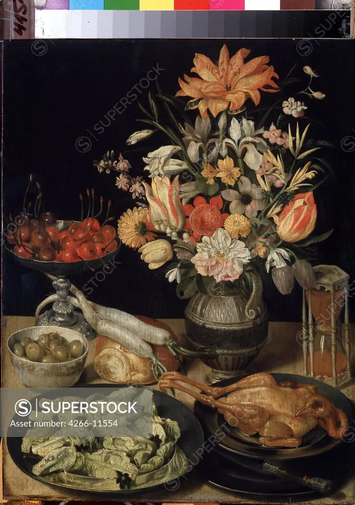 Still life with food by Georg Flegel, oil on wood , between 1630 and 1635, 1566-1638, Russia, St. Petersburg , State Hermitage, 52, 5x41