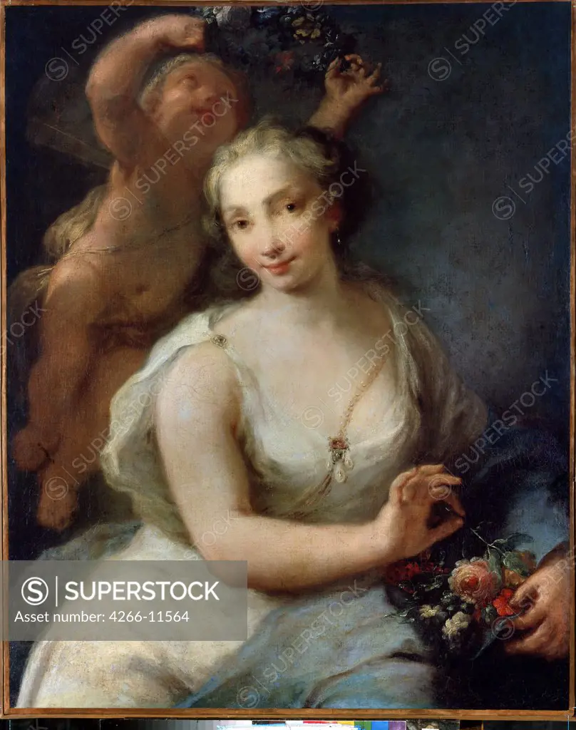 Portrait of young woman with putto by Giuseppe Nogari, oil on canvas , before 1757, 1699-1763, Russia, St. Petersburg , State Hermitage, 119x109