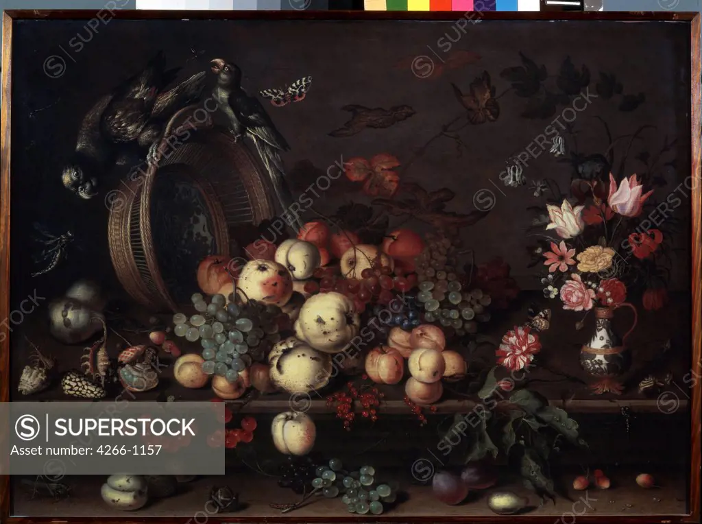 Still Life with Fruits by Balthasar van der Ast, Oil on wood, 1620s, 1593/4-1657, Russia, St. Petersburg, State Hermitage, 75x104