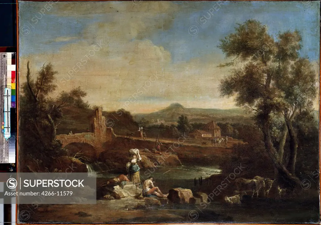 People sitting on riverbank by Francesco Zuccarelli, oil on canvas, 1702-1788, 18th century, Russia, St. Petersburg, State Hermitage, 81, 5x119