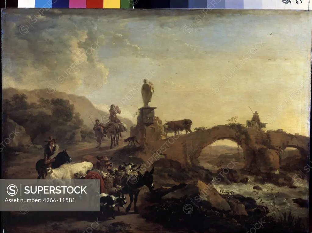 Landscape with bridge and animal by Nicolaes Pietersz Berchem the Elder , oil on wood , 1656, 1620-1683, Russia, St. Petersburg , State Hermitage, 44, 5x61