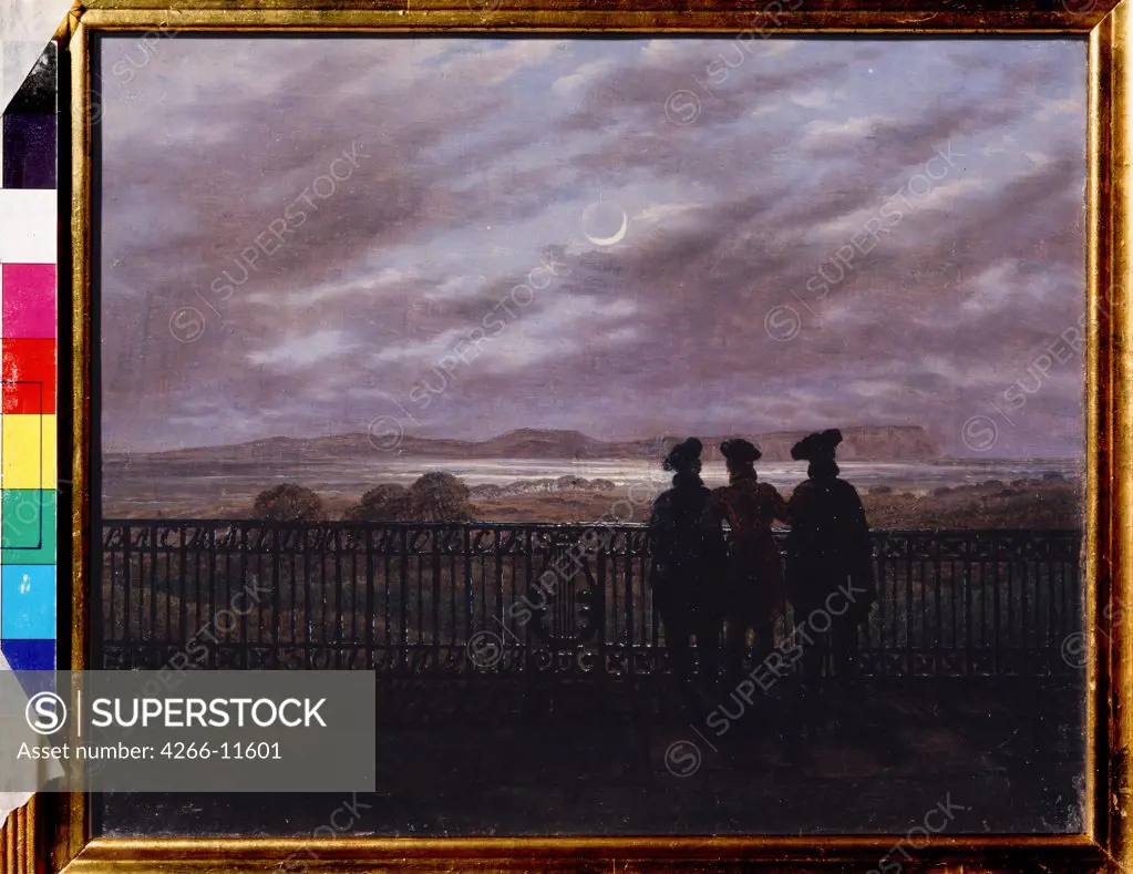 People looking at view by Caspar David Friedrich, oil on canvas, 1820s, 1774-1840, Russia, St. Petersburg, A. Pushkin Memorial Museum, 25x30, 5