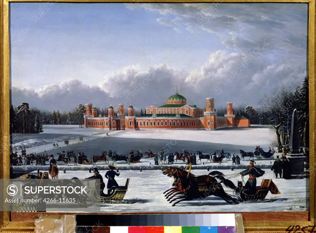 Sleigh Race by Golitsyn, oil on canvas , 1848, 19th century, Russia, Moscow, State History Museum, 50x68