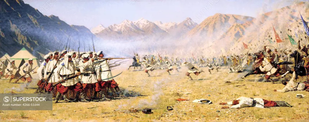 Battle by Vasili Vasilyevich Vereshchagin, oil on canvas , 1871, 1842-1904) State Tretyakov Gallery, Moscow , 82x206, 7